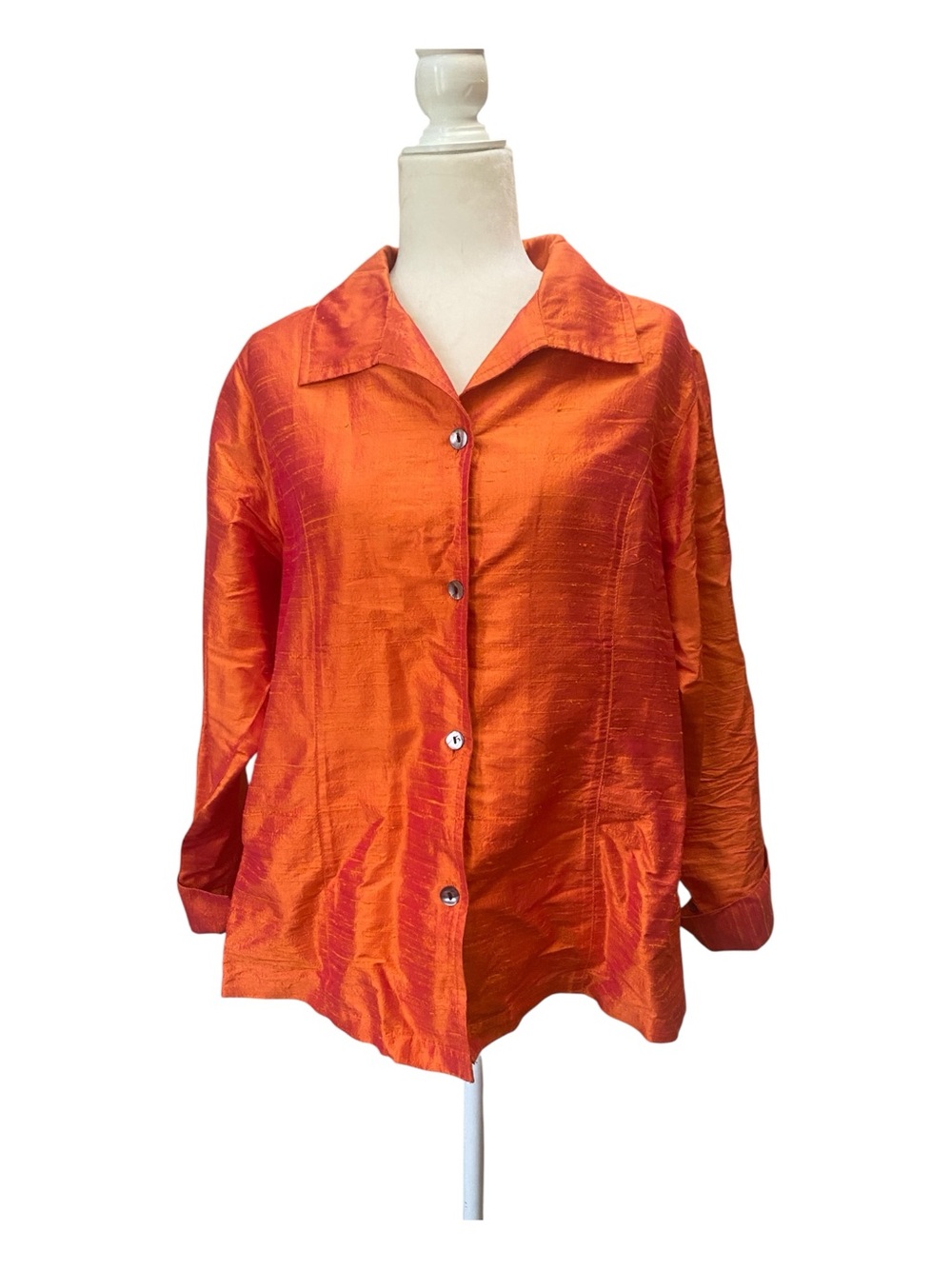 Anu Womens Orange Irridecent 100% Silk Blouse  Button Down Made India